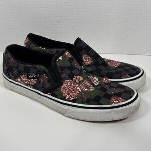 VANS SHOES Floral Checkerboard Asher Skate SLIPON CANVAS BLACK PINK BROWN 7.5